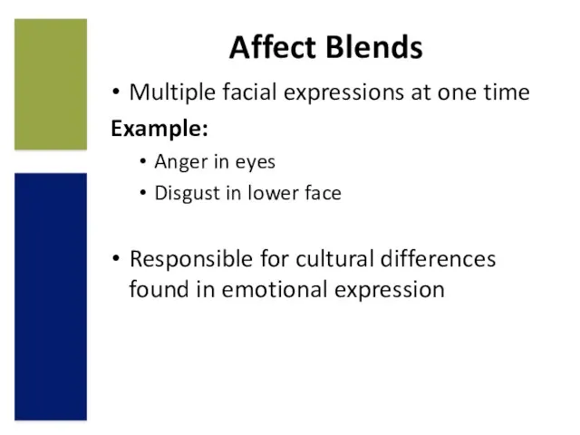 Affect Blends Multiple facial expressions at one time Example: Anger in