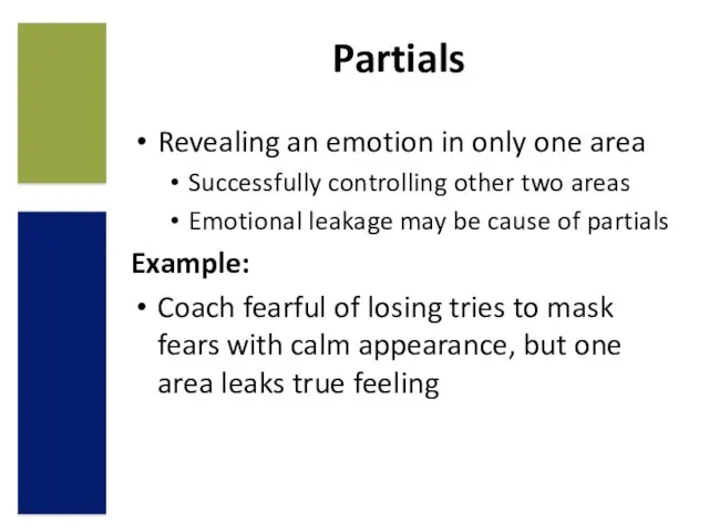 Partials Revealing an emotion in only one area Successfully controlling other