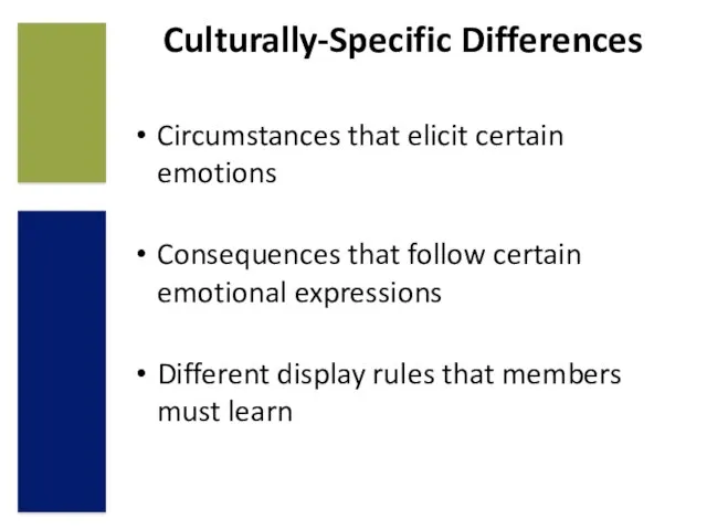 Culturally-Specific Differences Circumstances that elicit certain emotions Consequences that follow certain