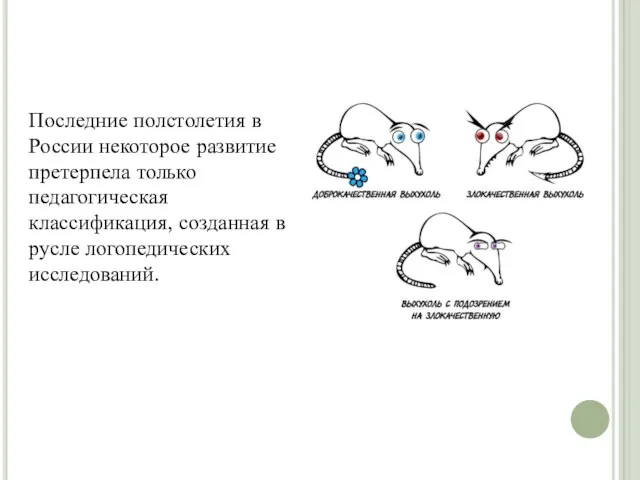 Последние полстолетия в России некоторое развитие претерпела только педагогическая классификация, созданная в русле логопедических исследований.