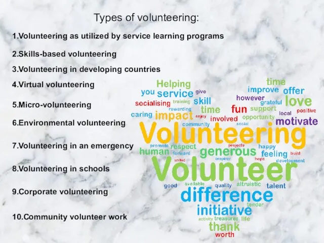 Types of volunteering: Types of volunteering: 1.Volunteering as utilized by service