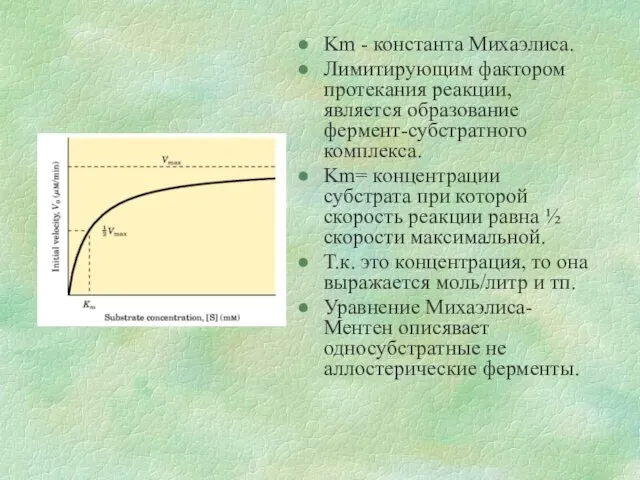 Km - константа Михаэлиса. Лимитирующим фактором протекания реакции, является образование фермент-субстратного