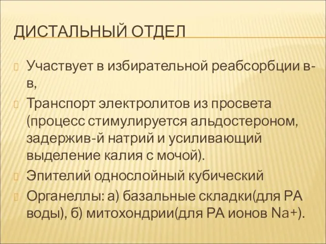 ДИСТАЛЬНЫЙ ОТДЕЛ Участвует в избирательной реабсорбции в-в, Транспорт электролитов из просвета