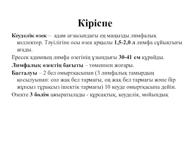 Кіріспе Кеуделік өзек – адам ағзасындағы ең маңызды лимфалық коллектор. Тәуілігіне