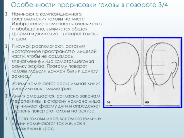 Особенности прорисовки головы в повороте 3/4 Начинают с композиционного расположения головы