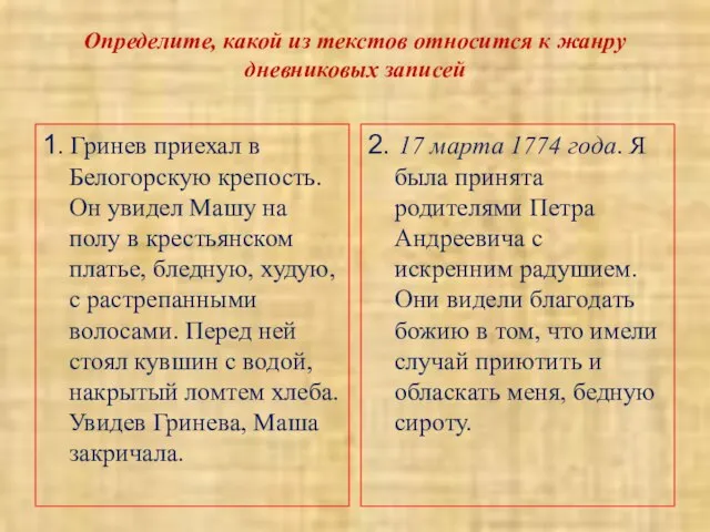 Определите, какой из текстов относится к жанру дневниковых записей 1. Гринев