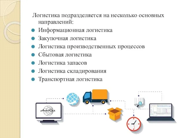 Логистика подразделяется на несколько основных направлений: Информационная логистика Закупочная логистика Логистика