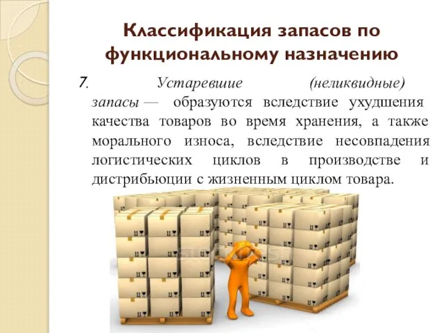 7. Устаревшие (неликвидные) запасы — образуются вследствие ухудшения качества товаров во