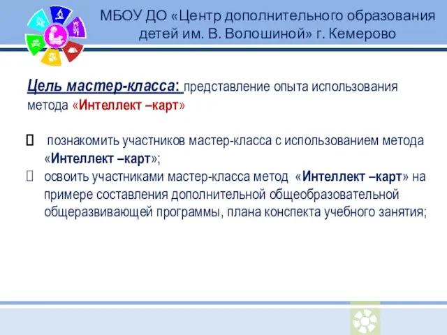 Цель мастер-класса: представление опыта использования метода «Интеллект –карт» познакомить участников мастер-класса