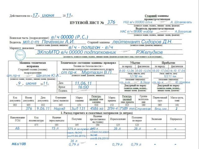 376 17 июня 11 в/ч 00000 (Р.С.) мл.с-т Печёнкин А.И. лейтенант