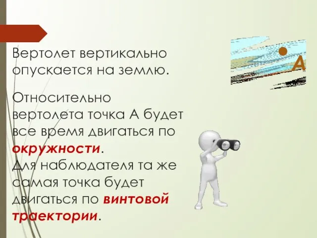 А . Вертолет вертикально опускается на землю. Относительно вертолета точка А