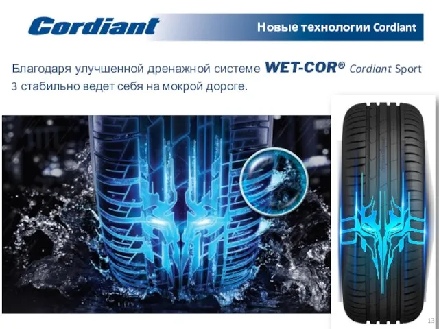 Благодаря улучшенной дренажной системе WET-COR® Cordiant Sport 3 стабильно ведет себя