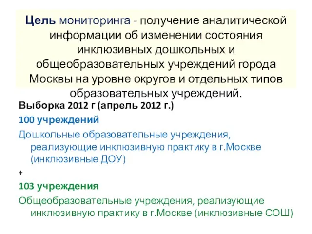 Выборка 2012 г (апрель 2012 г.) 100 учреждений Дошкольные образовательные учреждения,