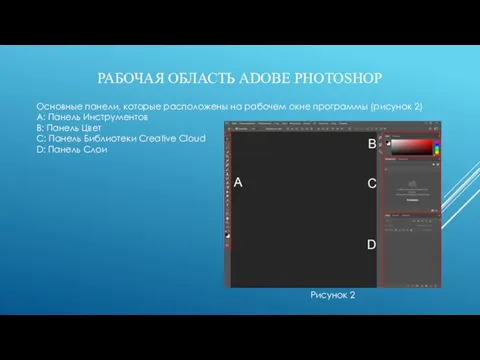 РАБОЧАЯ ОБЛАСТЬ ADOBE PHOTOSHOP Рисунок 2 Основные панели, которые расположены на