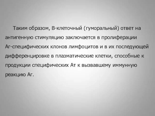 Таким образом, В-клеточный (гуморальный) ответ на антигенную стимуляцию заключается в пролиферации