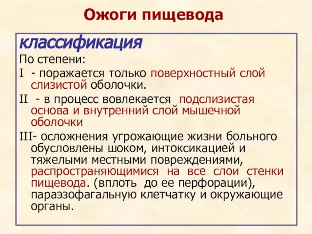 Ожоги пищевода классификация По степени: I - поражается только поверхностный слой