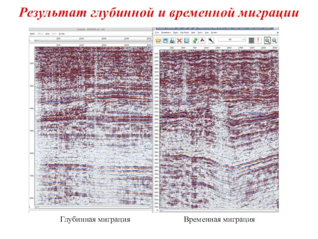 Результат глубинной и временной миграции Глубинная миграция Временная миграция