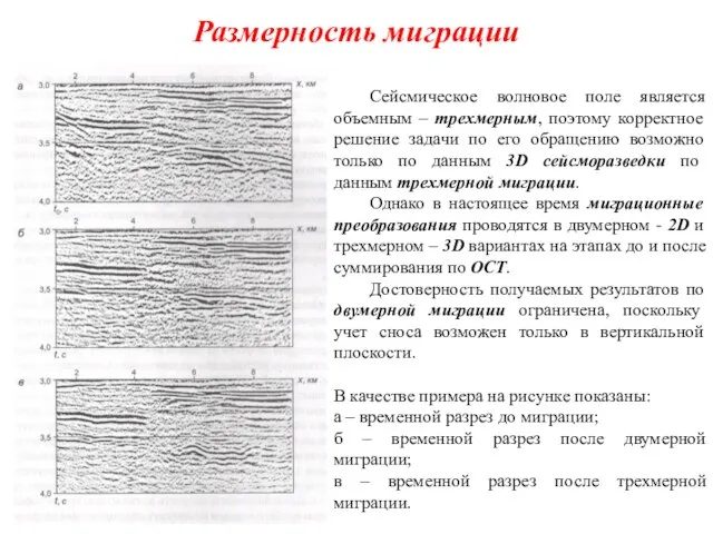 Размерность миграции Сейсмическое волновое поле является объемным – трехмерным, поэтому корректное