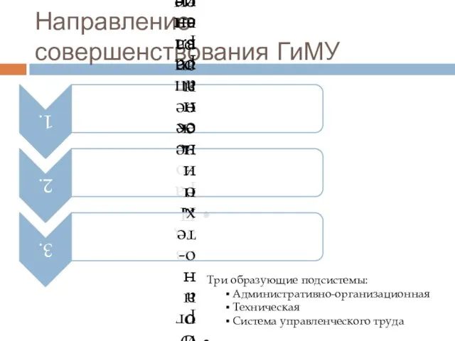 Направление совершенствования ГиМУ Три образующие подсистемы: Административно-организационная Техническая Система управленческого труда