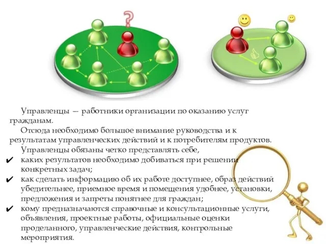 Управленцы — работники организации по оказанию услуг гражданам. Отсюда необходимо большое