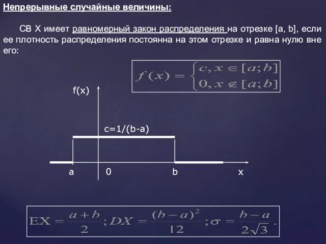 Непрерывные случайные величины: СВ Х имеет равномерный закон распределения на отрезке