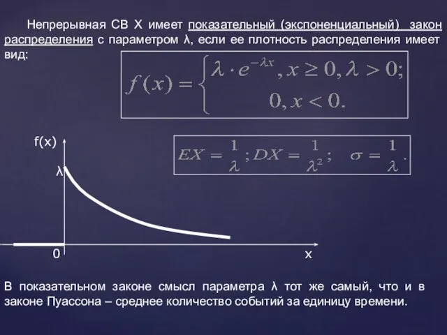 Непрерывная СВ Х имеет показательный (экспоненциальный) закон распределения с параметром λ,