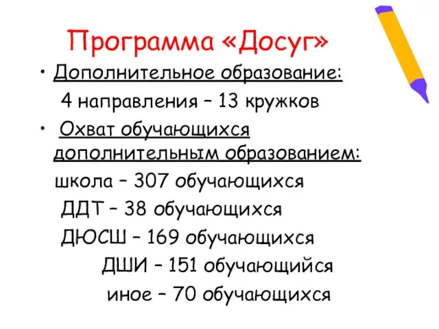 Программа «Досуг» Дополнительное образование: 4 направления – 13 кружков Охват обучающихся