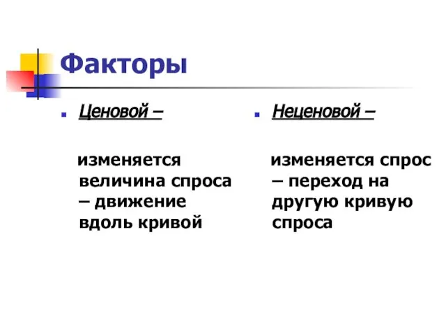 Факторы Ценовой – изменяется величина спроса – движение вдоль кривой Неценовой