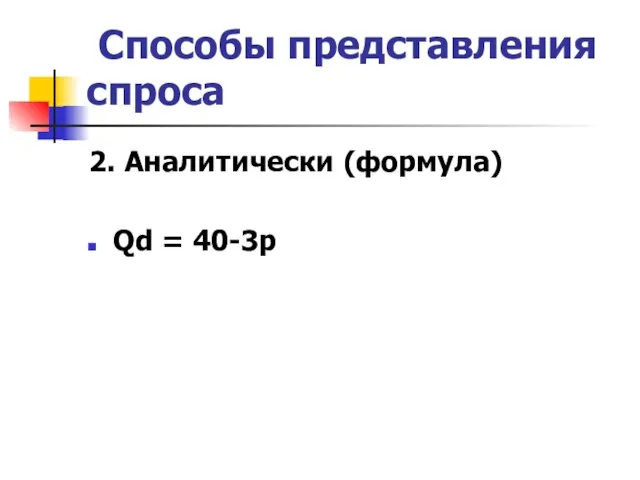 Способы представления спроса 2. Аналитически (формула) Qd = 40-3p
