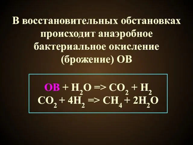 В восстановительных обстановках происходит анаэробное бактериальное окисление (брожение) ОВ ОВ +