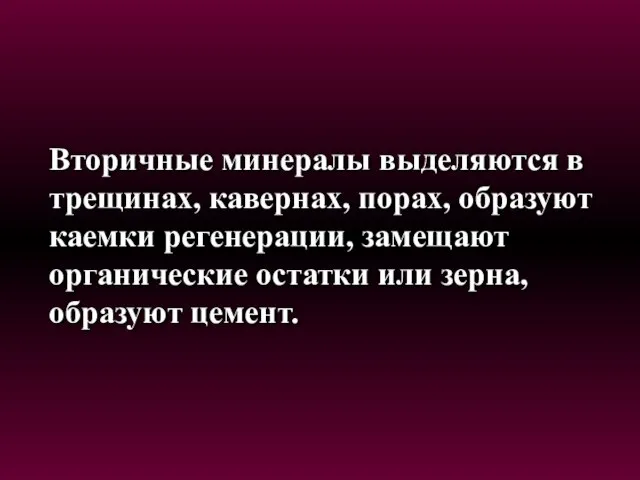 Вторичные минералы выделяются в трещинах, кавернах, порах, образуют каемки регенерации, замещают