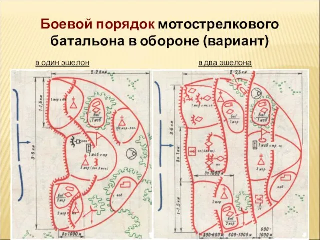 Боевой порядок мотострелкового батальона в обороне (вариант)‏ в один эшелон в два эшелона