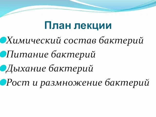 План лекции Химический состав бактерий Питание бактерий Дыхание бактерий Рост и размножение бактерий