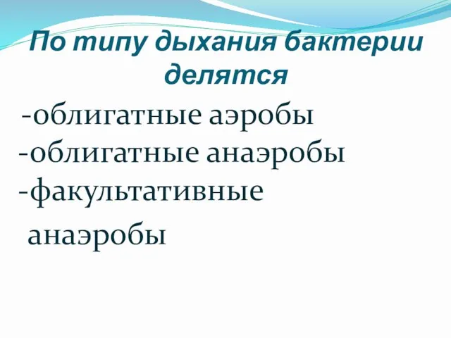 По типу дыхания бактерии делятся -облигатные аэробы -облигатные анаэробы -факультативные анаэробы