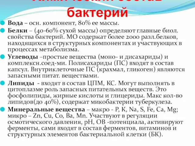 Химический состав бактерий Вода – осн. компонент, 80% ее массы. Белки