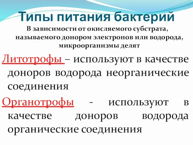 Типы питания бактерий В зависимости от окисляемого субстрата, называемого донором электронов