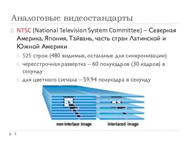 Аналоговые видеостандарты NTSC (National Television System Committee) – Северная Америка, Япония,