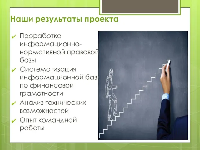 Наши результаты проекта Проработка информационно-нормативной правовой базы Систематизация информационной базы по