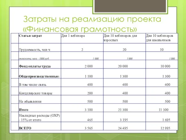 Затраты на реализацию проекта «Финансовая грамотность»