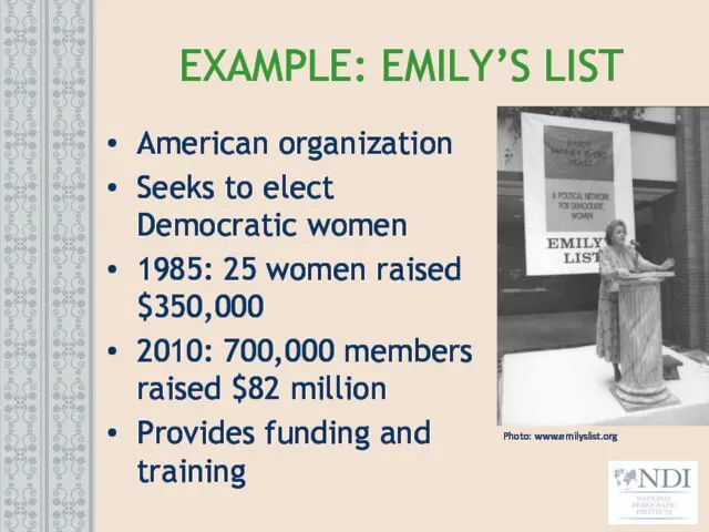 EXAMPLE: EMILY’S LIST American organization Seeks to elect Democratic women 1985: