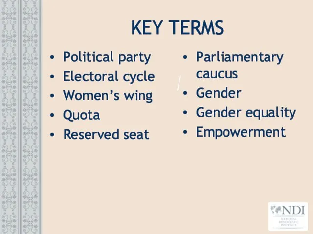 KEY TERMS Political party Electoral cycle Women’s wing Quota Reserved seat