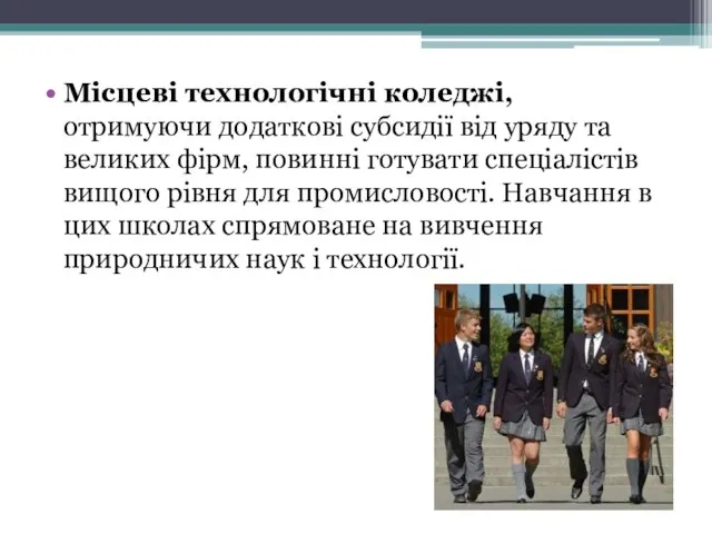 Місцеві технологічні коледжі, отримуючи додаткові субсидії від уряду та великих фірм,