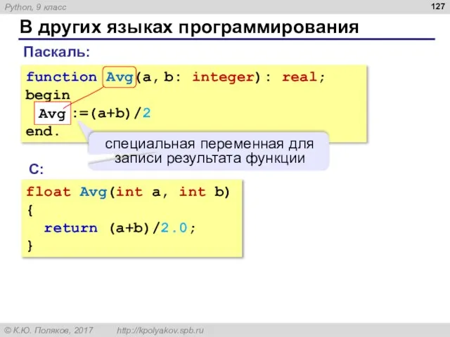 В других языках программирования Паскаль: С: float Avg(int a, int b)