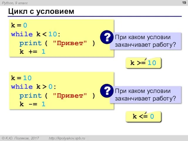 Цикл с условием k = 0 while k print ( "Привет"