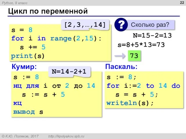 Цикл по переменной s = 8 for i in range(2,15): s