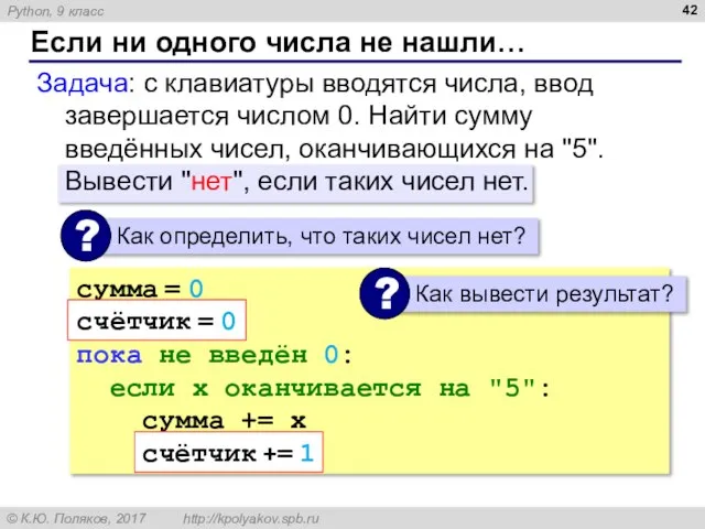 Если ни одного числа не нашли… Задача: с клавиатуры вводятся числа,