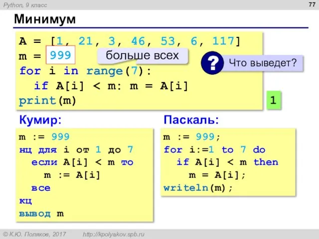 Минимум A = [1, 21, 3, 46, 53, 6, 117] m