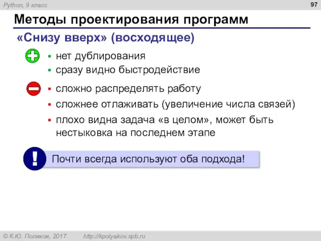 Методы проектирования программ «Снизу вверх» (восходящее) нет дублирования сразу видно быстродействие