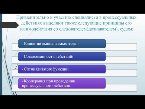 Применительно к участию специалиста в процессуальных действиях выделяют также следующие принципы его взаимодействия со следователем(дознавателем), судом: