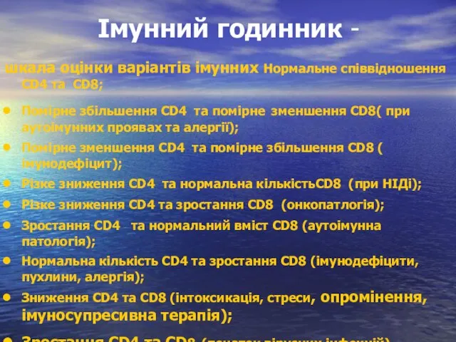 Імунний годинник - шкала оцінки варіантів імунних Нормальне співвідношення CD4 та